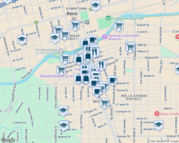 map of restaurants, bars, coffee shops, grocery stores, and more near 400 South Virginia Street in Reno