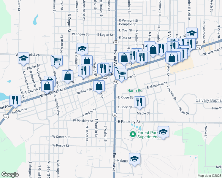 map of restaurants, bars, coffee shops, grocery stores, and more near 113 South Forest Avenue in Brazil