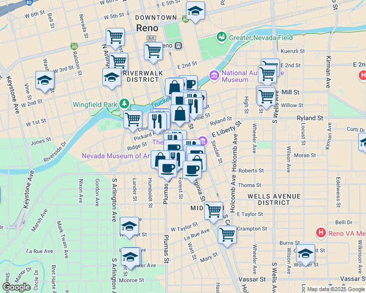 map of restaurants, bars, coffee shops, grocery stores, and more near 400 South Virginia Street in Reno
