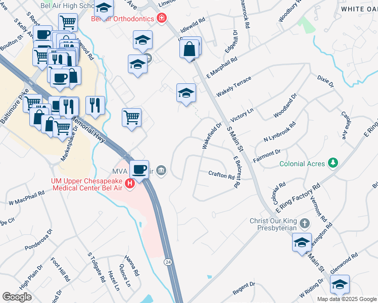 map of restaurants, bars, coffee shops, grocery stores, and more near 102 West Heather Road in Bel Air