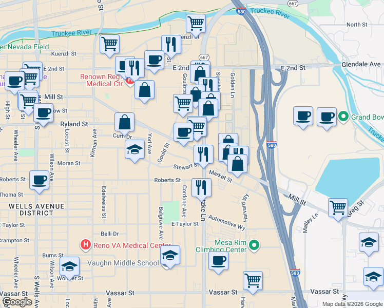 map of restaurants, bars, coffee shops, grocery stores, and more near 1710 Mill Street in Reno