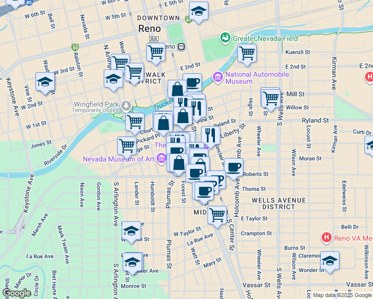 map of restaurants, bars, coffee shops, grocery stores, and more near 1 East Liberty Street in Reno