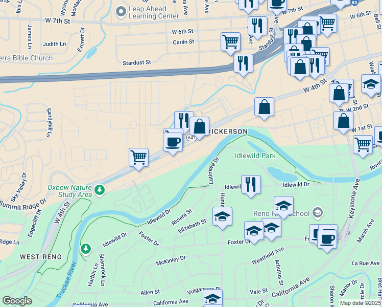 map of restaurants, bars, coffee shops, grocery stores, and more near 2156 Dickerson Road in Reno
