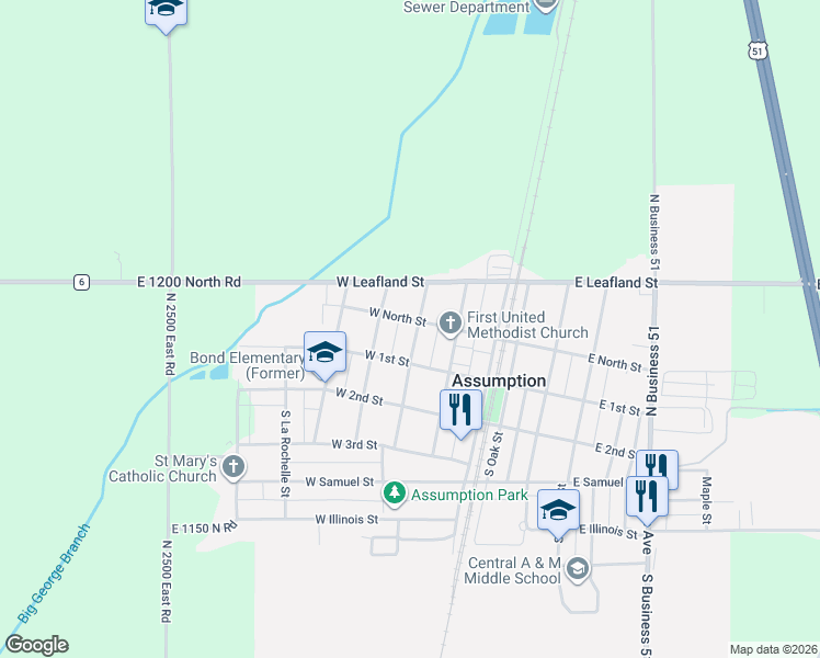 map of restaurants, bars, coffee shops, grocery stores, and more near 201-299 West North Street in Assumption