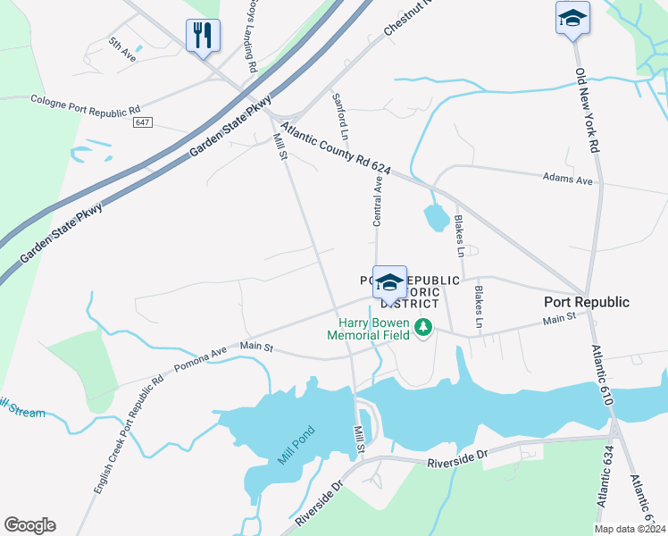 map of restaurants, bars, coffee shops, grocery stores, and more near 128 Mill Street in Absecon