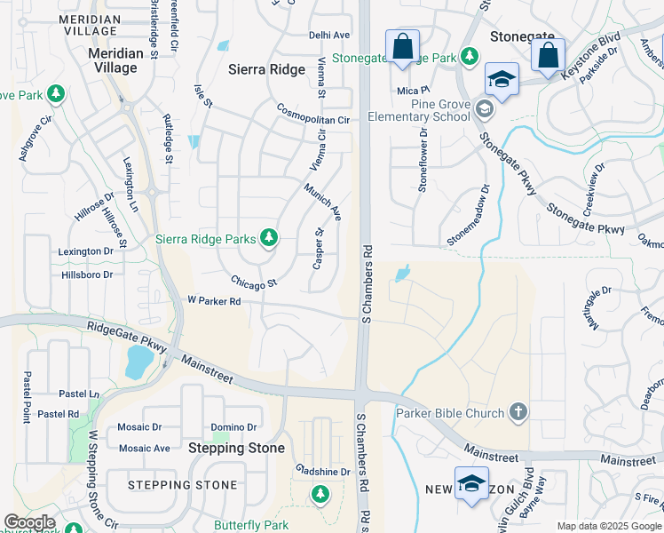 map of restaurants, bars, coffee shops, grocery stores, and more near 15061 Munich Avenue in Parker