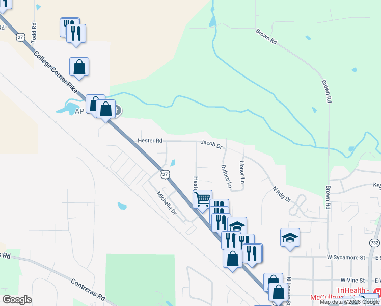 map of restaurants, bars, coffee shops, grocery stores, and more near 5851 Hester Rd in Oxford