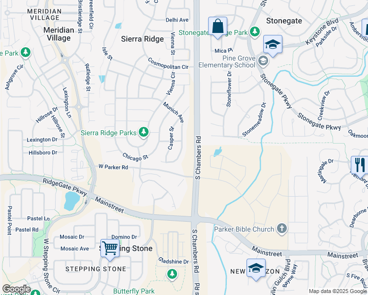 map of restaurants, bars, coffee shops, grocery stores, and more near 15061 Munich Avenue in Parker