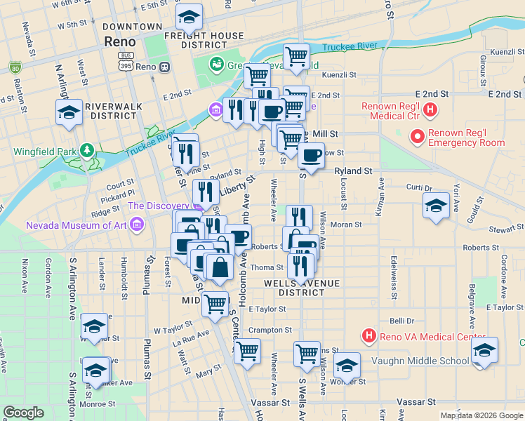map of restaurants, bars, coffee shops, grocery stores, and more near 417 Wheeler Avenue in Reno