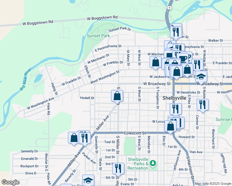 map of restaurants, bars, coffee shops, grocery stores, and more near 407 W Hendricks St in Shelbyville