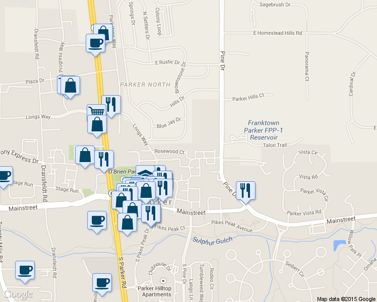 map of restaurants, bars, coffee shops, grocery stores, and more near 19825 Rosewood Ct in Parker