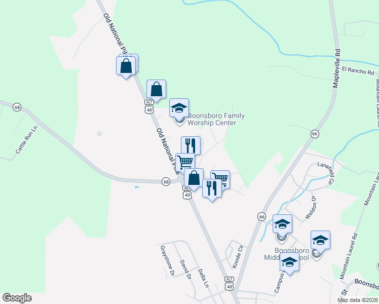 map of restaurants, bars, coffee shops, grocery stores, and more near 409 Green Fern Circle in Boonsboro