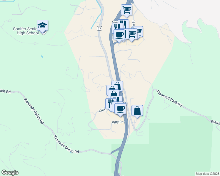 map of restaurants, bars, coffee shops, grocery stores, and more near 10761 Kitty Drive in Conifer