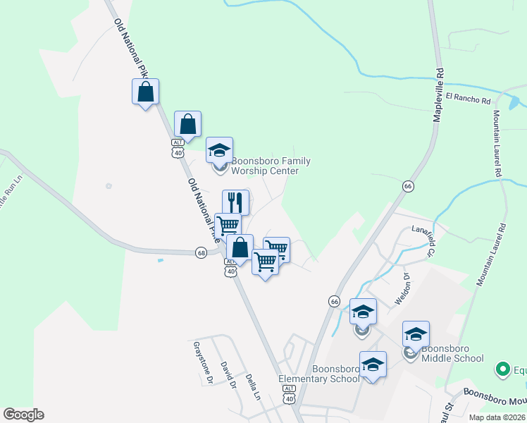 map of restaurants, bars, coffee shops, grocery stores, and more near 101 Tiger Way in Boonsboro