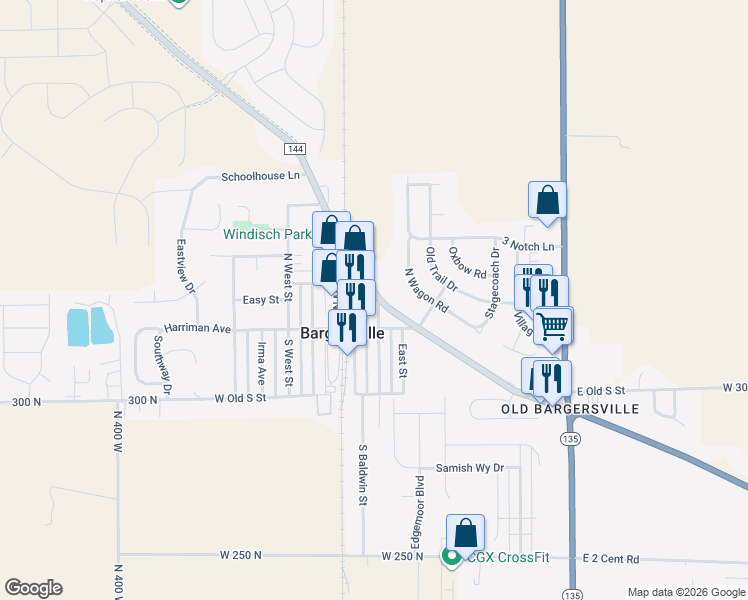 map of restaurants, bars, coffee shops, grocery stores, and more near 70 North Carlisle Street in Bargersville