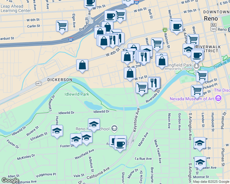 map of restaurants, bars, coffee shops, grocery stores, and more near 1151 Jones Street in Reno