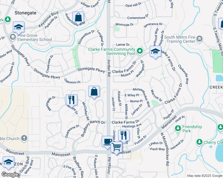 map of restaurants, bars, coffee shops, grocery stores, and more near 10707 Jordan Court in Parker