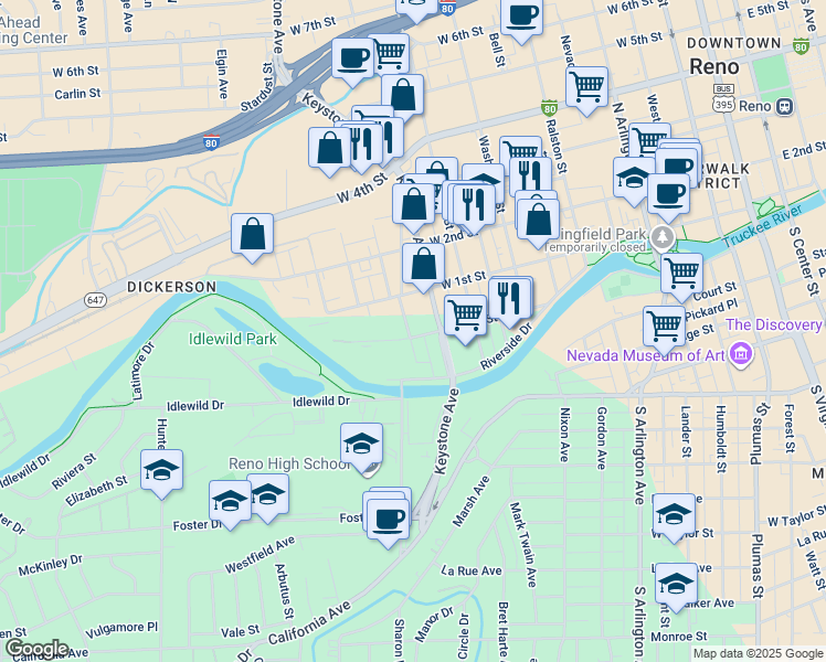 map of restaurants, bars, coffee shops, grocery stores, and more near 1037 Jones Street in Reno