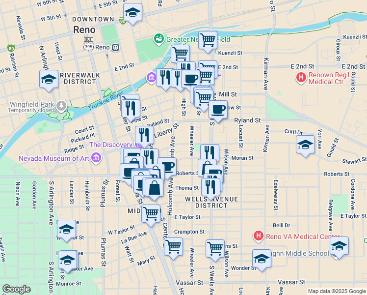 map of restaurants, bars, coffee shops, grocery stores, and more near 417 Wheeler Avenue in Reno