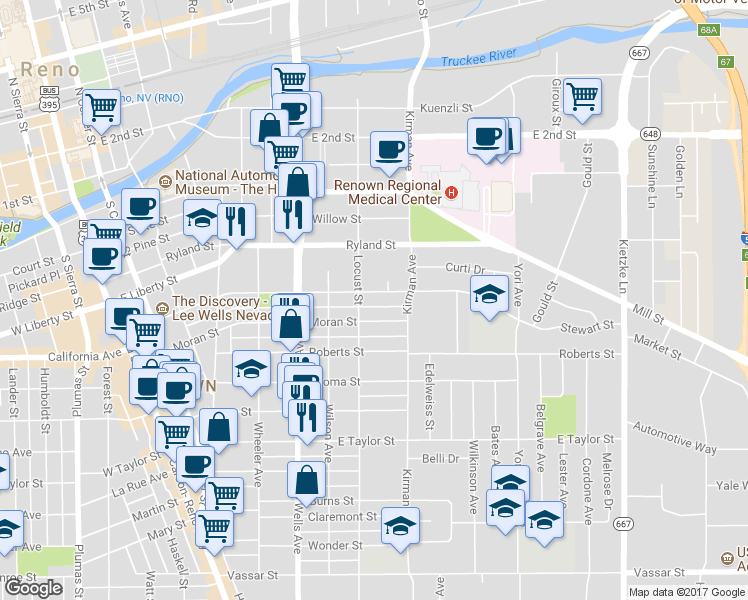 map of restaurants, bars, coffee shops, grocery stores, and more near 400 Locust Street in Reno