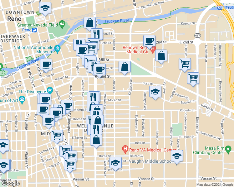 map of restaurants, bars, coffee shops, grocery stores, and more near 400 Locust Street in Reno