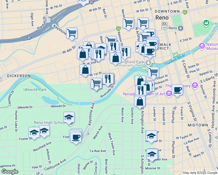 map of restaurants, bars, coffee shops, grocery stores, and more near 727 Riverside Drive in Reno