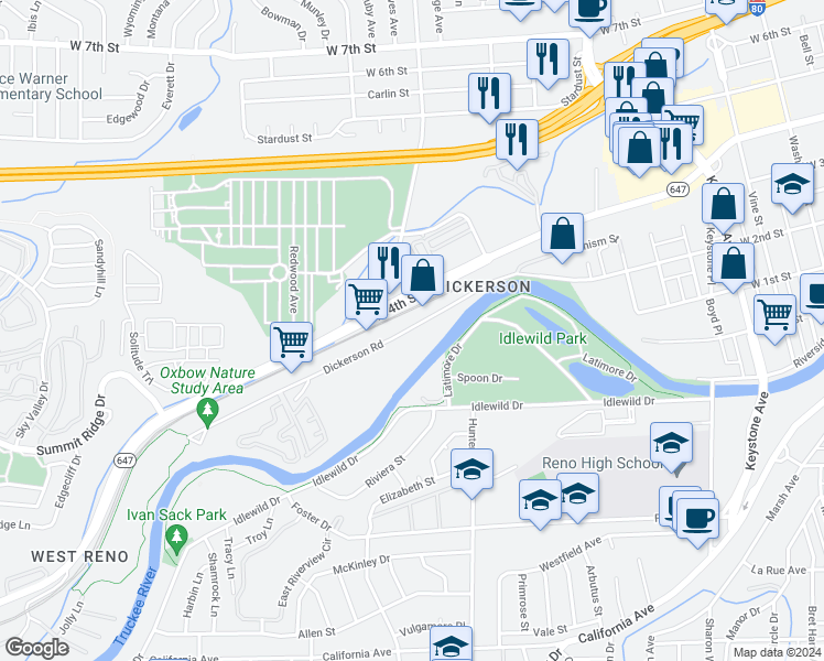 map of restaurants, bars, coffee shops, grocery stores, and more near 2204 Dickerson Road in Reno