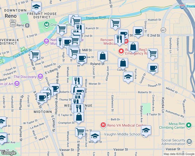 map of restaurants, bars, coffee shops, grocery stores, and more near 720 Stewart Street in Reno