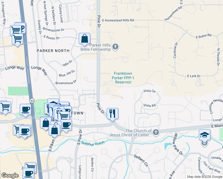 map of restaurants, bars, coffee shops, grocery stores, and more near 7062 Talon Trail in Parker