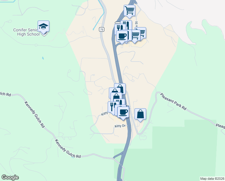 map of restaurants, bars, coffee shops, grocery stores, and more near 10761 Kitty Drive in Conifer
