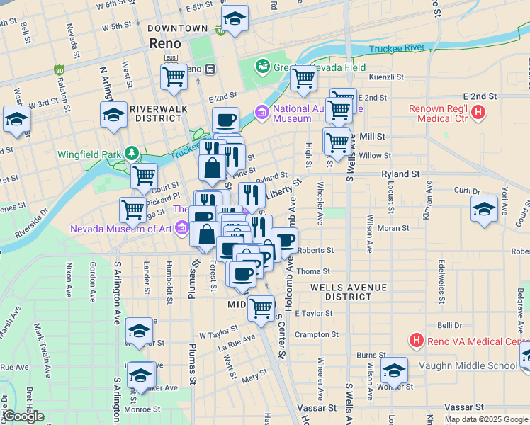 map of restaurants, bars, coffee shops, grocery stores, and more near 450 Sinclair Street in Reno