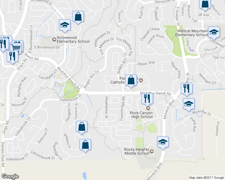 map of restaurants, bars, coffee shops, grocery stores, and more near 10679 Cedarcrest Cir in Highlands Ranch