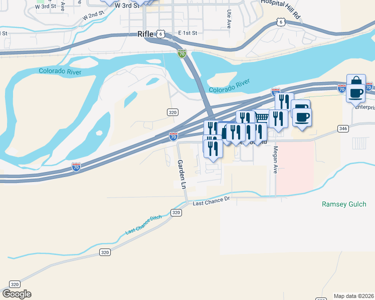 map of restaurants, bars, coffee shops, grocery stores, and more near 11978 County Road 320 in Rifle