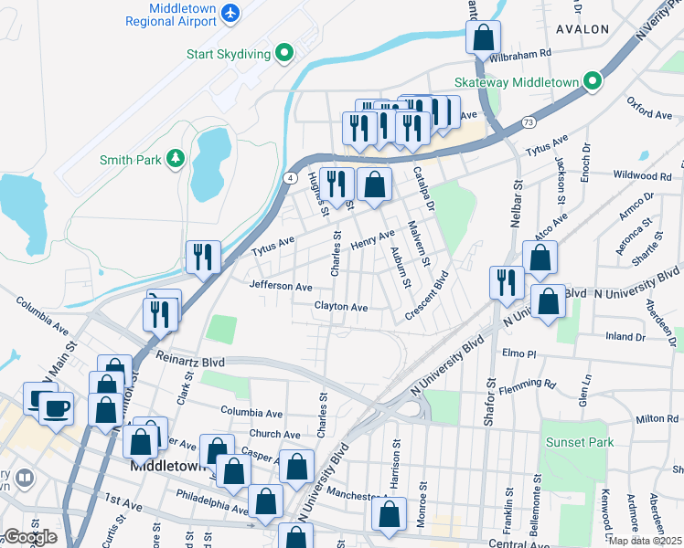 map of restaurants, bars, coffee shops, grocery stores, and more near 725 Charles Street in Middletown