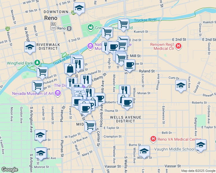 map of restaurants, bars, coffee shops, grocery stores, and more near 312 Stewart Street in Reno