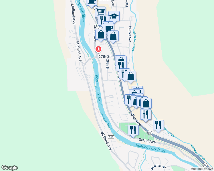 map of restaurants, bars, coffee shops, grocery stores, and more near 2914 Grand Avenue in Glenwood Springs