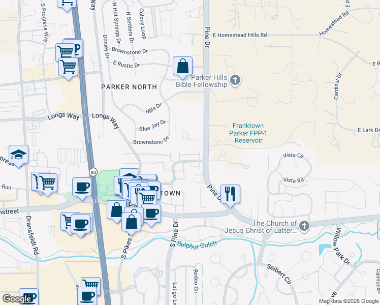 map of restaurants, bars, coffee shops, grocery stores, and more near 20007 Briarwood Court in Parker