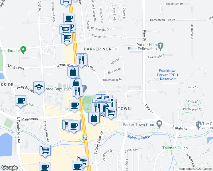 map of restaurants, bars, coffee shops, grocery stores, and more near 19601 Rosewood Court in Parker
