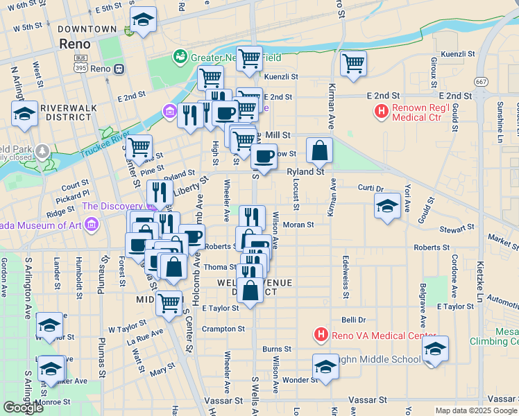 map of restaurants, bars, coffee shops, grocery stores, and more near in Reno