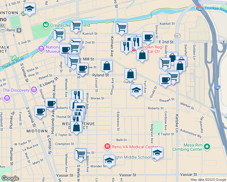 map of restaurants, bars, coffee shops, grocery stores, and more near 970 Stewart Street in Reno