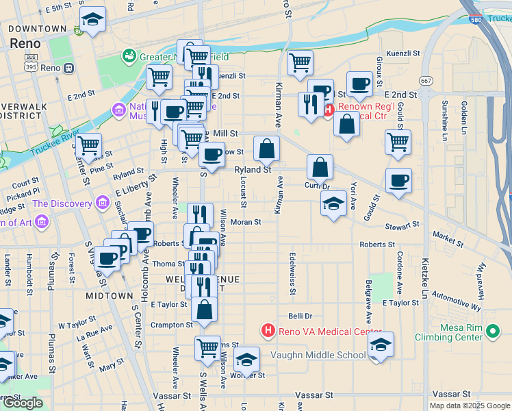 map of restaurants, bars, coffee shops, grocery stores, and more near 400 Locust Street in Reno