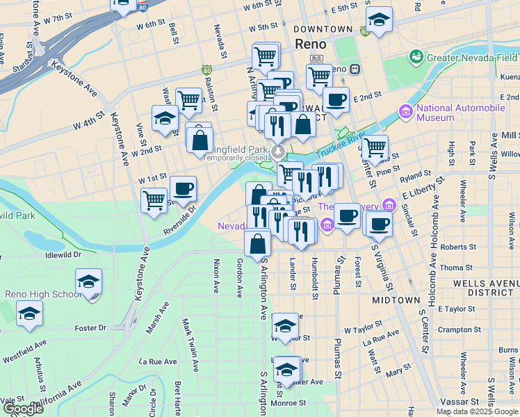 map of restaurants, bars, coffee shops, grocery stores, and more near 225 South Arlington Avenue in Reno