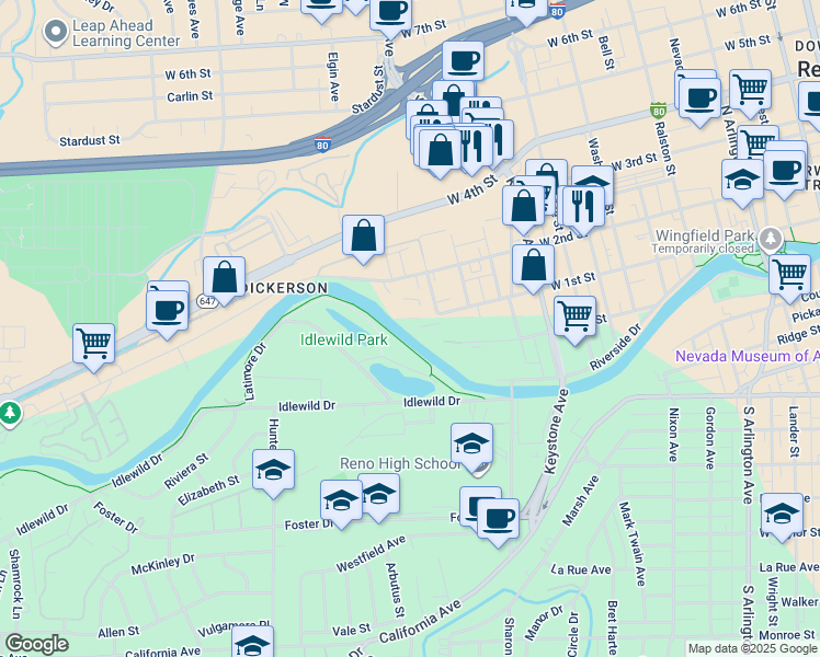 map of restaurants, bars, coffee shops, grocery stores, and more near 1338 Jones Street in Reno