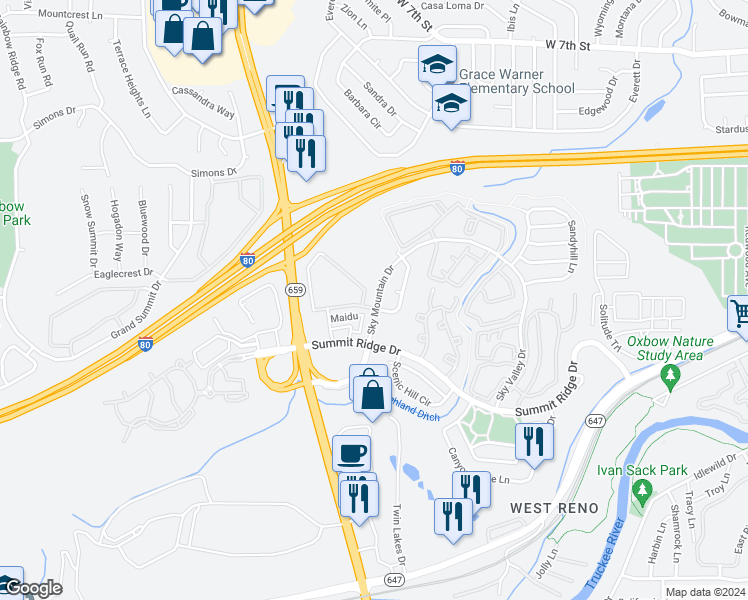 map of restaurants, bars, coffee shops, grocery stores, and more near 1405 Sky Mountain Drive in Reno