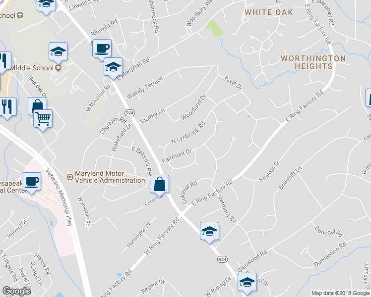 map of restaurants, bars, coffee shops, grocery stores, and more near 111 Fairmont Drive in Bel Air