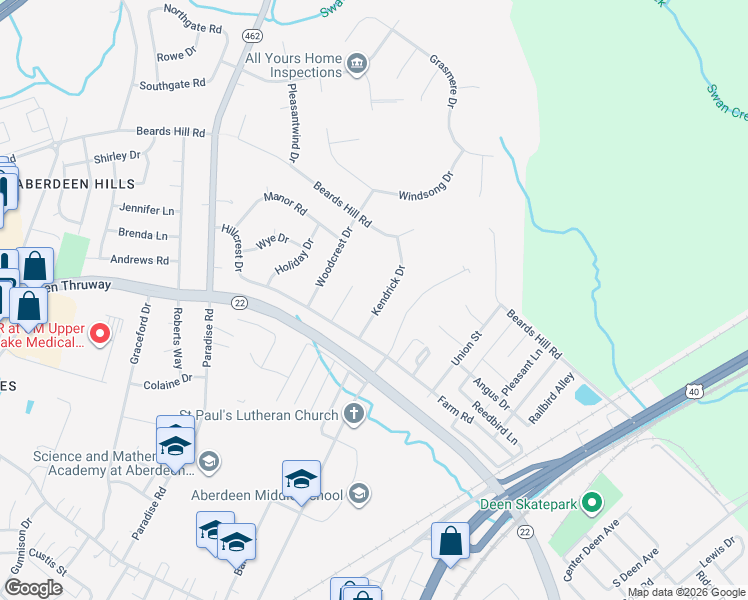 map of restaurants, bars, coffee shops, grocery stores, and more near 308 Kendrick Drive in Aberdeen
