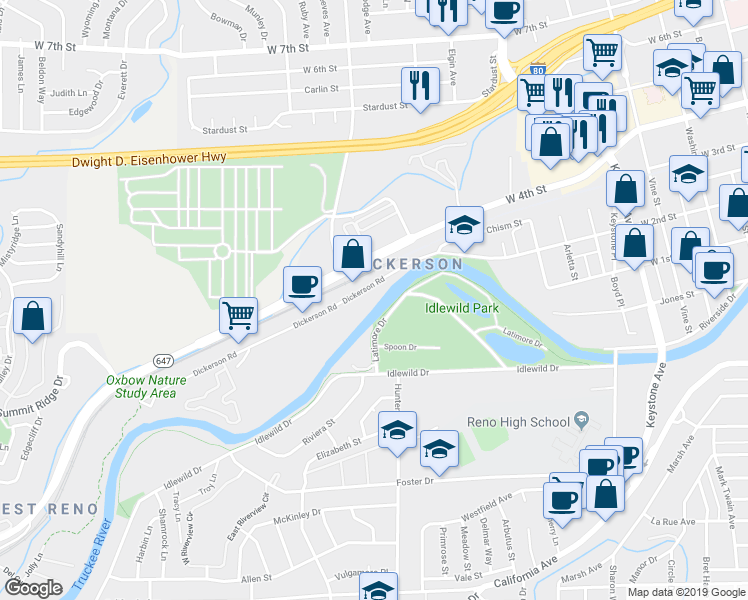 map of restaurants, bars, coffee shops, grocery stores, and more near 2050 Dickerson Road in Reno