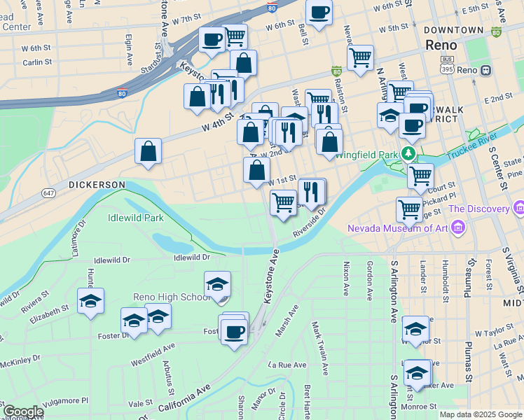 map of restaurants, bars, coffee shops, grocery stores, and more near 1037 Jones Street in Reno