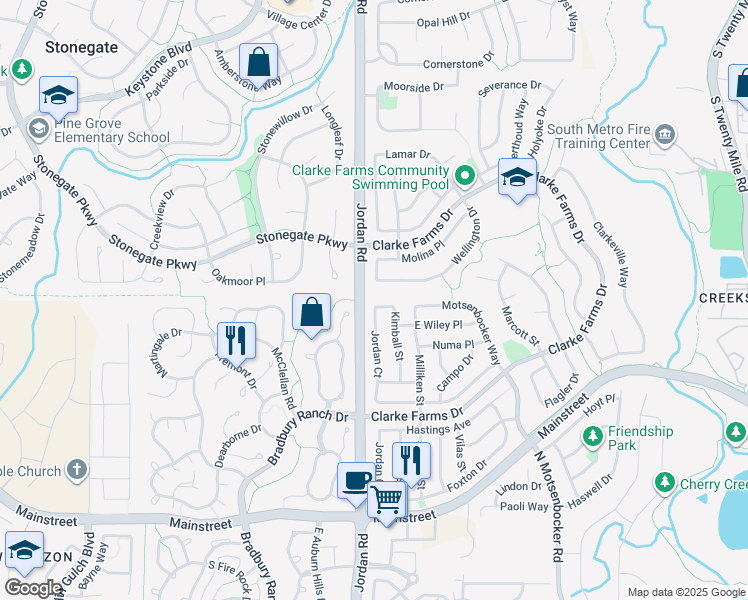 map of restaurants, bars, coffee shops, grocery stores, and more near 10707 Jordan Court in Parker