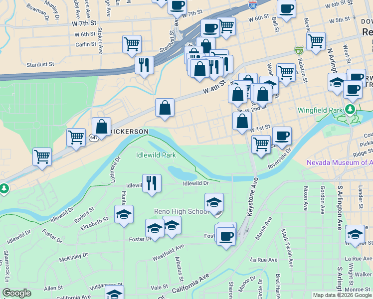 map of restaurants, bars, coffee shops, grocery stores, and more near 1338 Jones Street in Reno